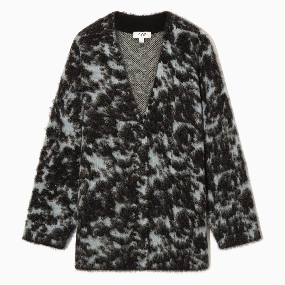 COS Black and Blue Tortoiseshell Jacquard Alpaca Blend Knit Cardigan